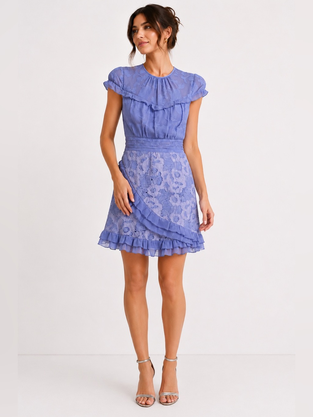 Three Floor Purple Lavender Lace Dress 6 Ruffle Ladylike Wedding Guest Cocktail